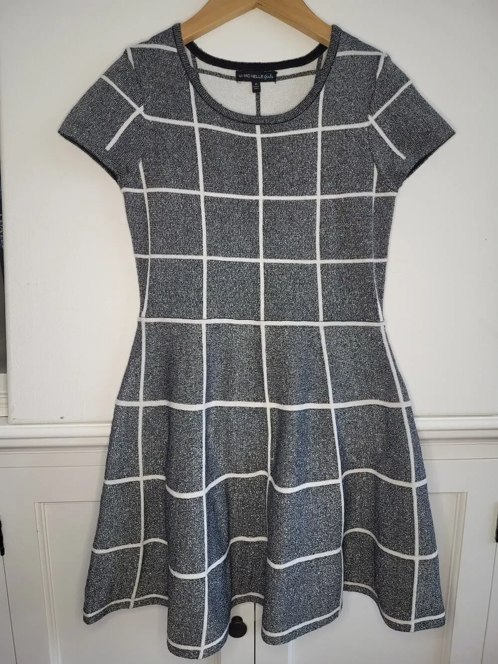 My Michelle Girls Metallic Knit Grid Pattern Fit & Flare Dress Medium